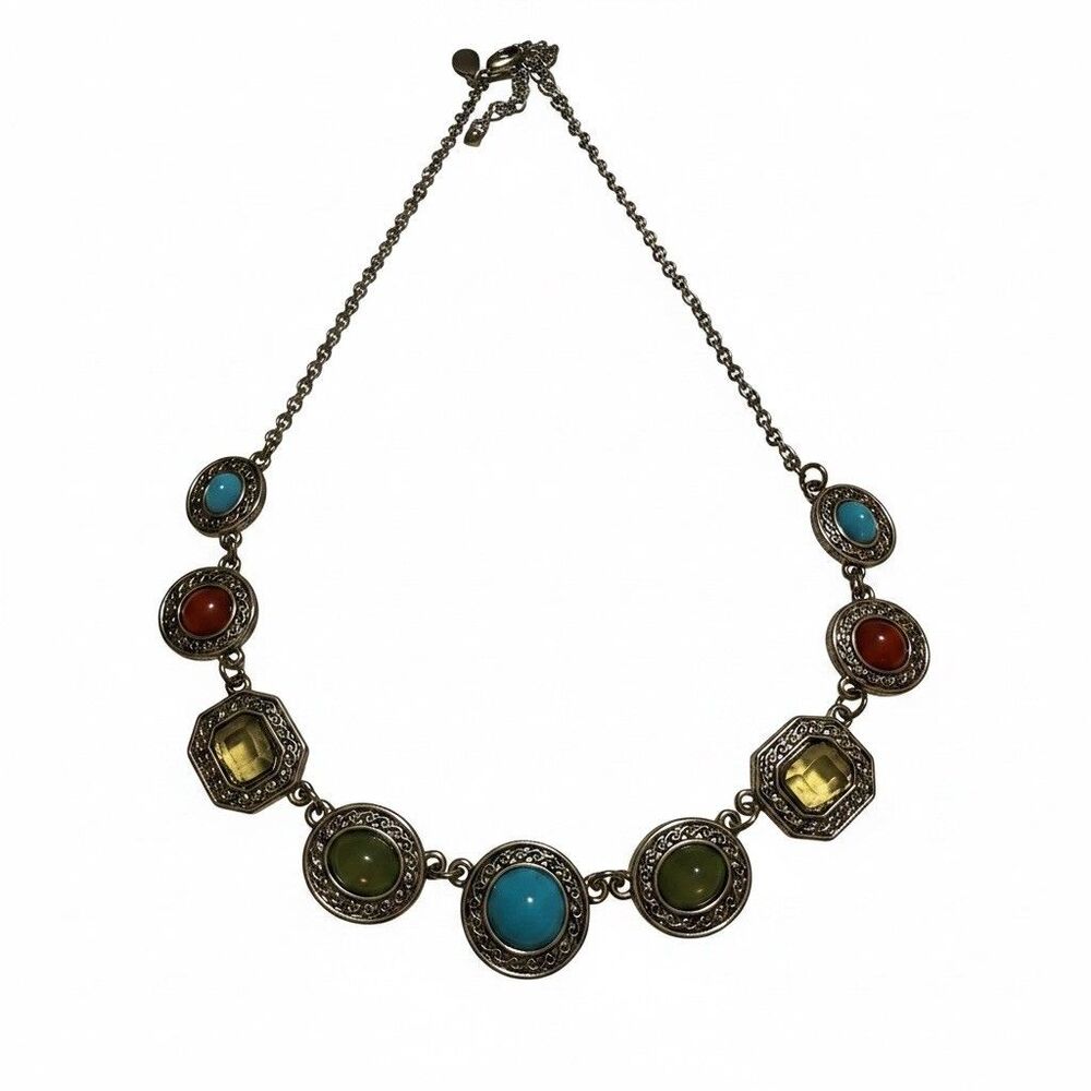 2028 vintage-style Necklace w/ multiple faux stones in Antique Gold tone 16”-18”